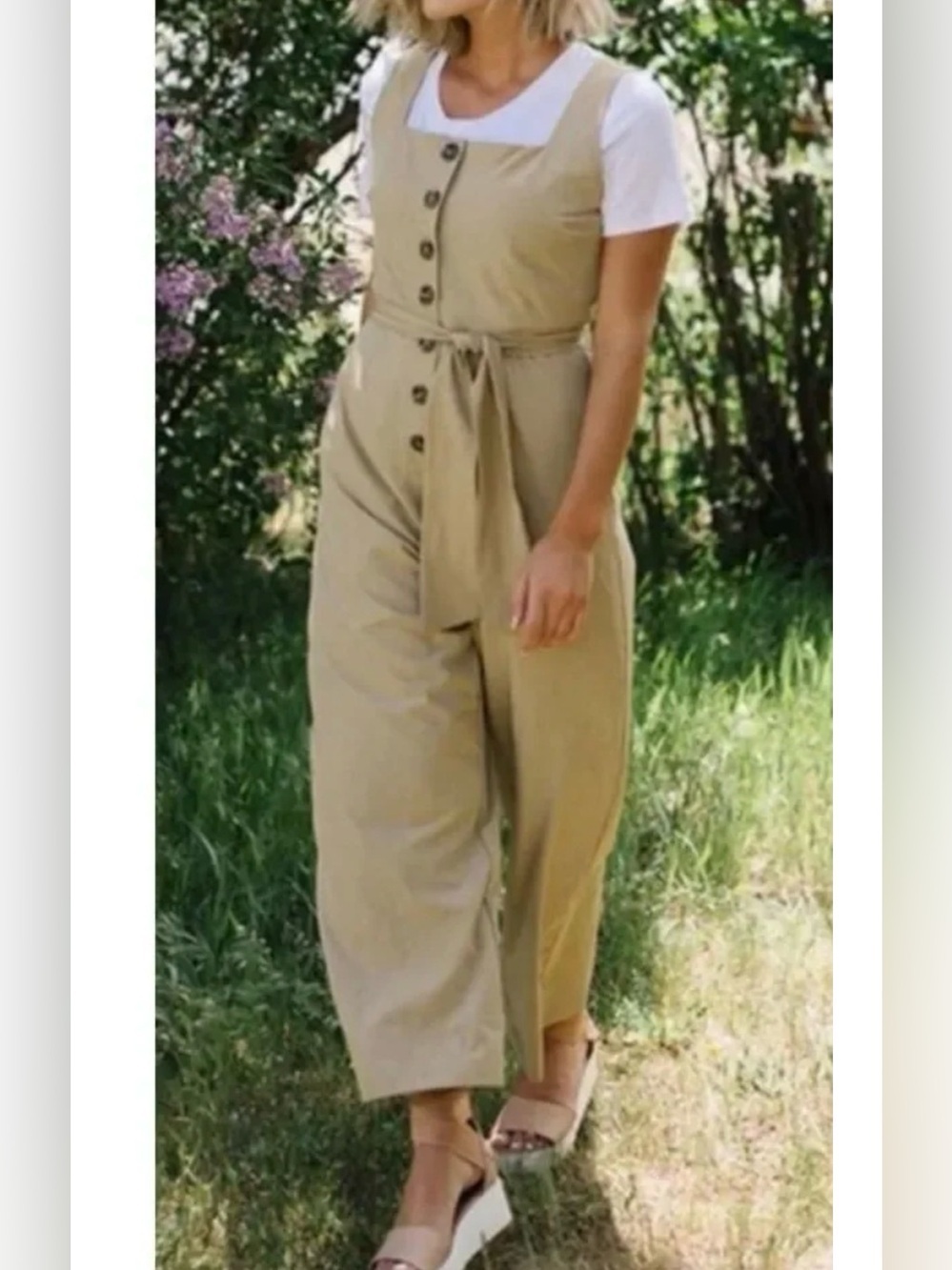 Albion Sleeveless Button Front Wide Leg Jumpsuit Belted Tie Waist Tan Size M